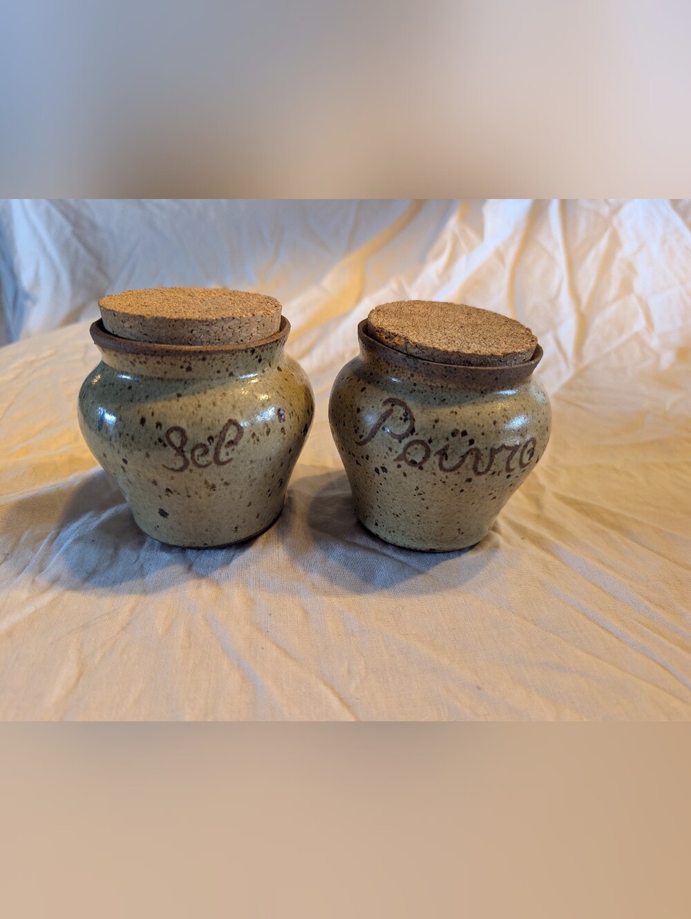 2/60$ Vintage Beige Speckled Stoneware Spice Jars with Cork Lids